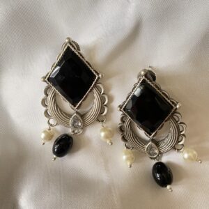 Black Stone Silver Plated Earrings