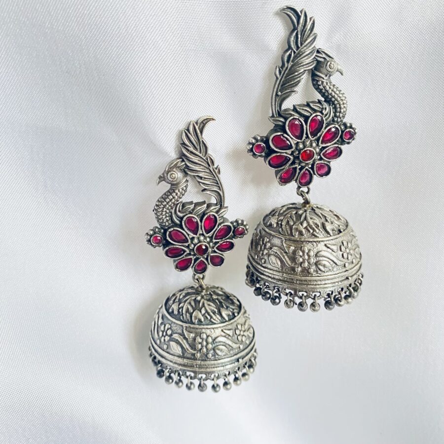 Peacock Jhumki In Silver Oxidised