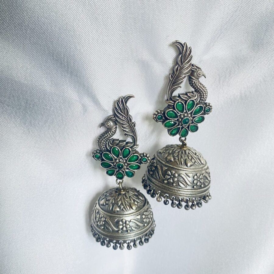 Peacock Jhumki In Silver Oxidised