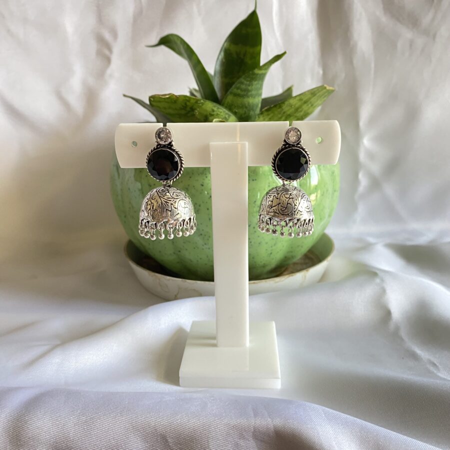 Black Stone Silver Oxidised Jhumki