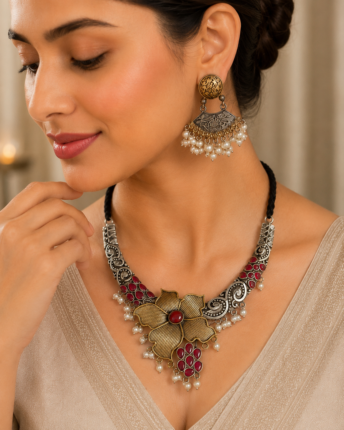 Dual Tone Floral Hasli Necklace Set with Jharokha Earrings