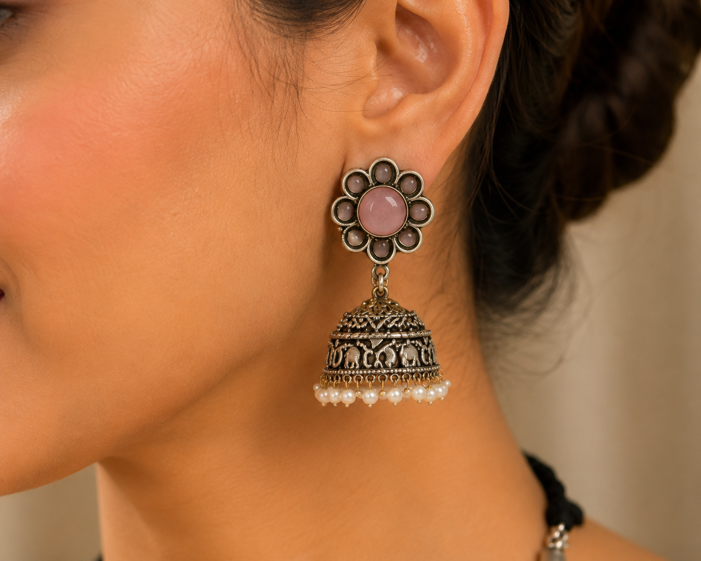 Dual Tone Oxidised Hasli Necklace Set with Elephant Jhumkas