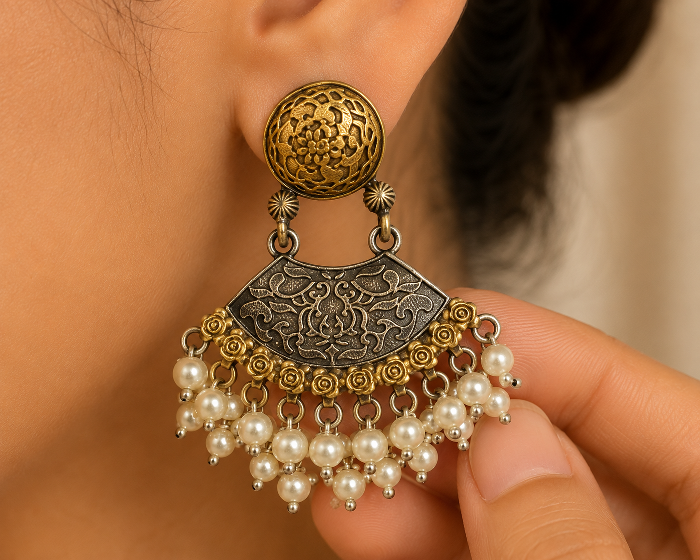Dual Tone Floral Hasli Necklace Set with Jharokha Earrings