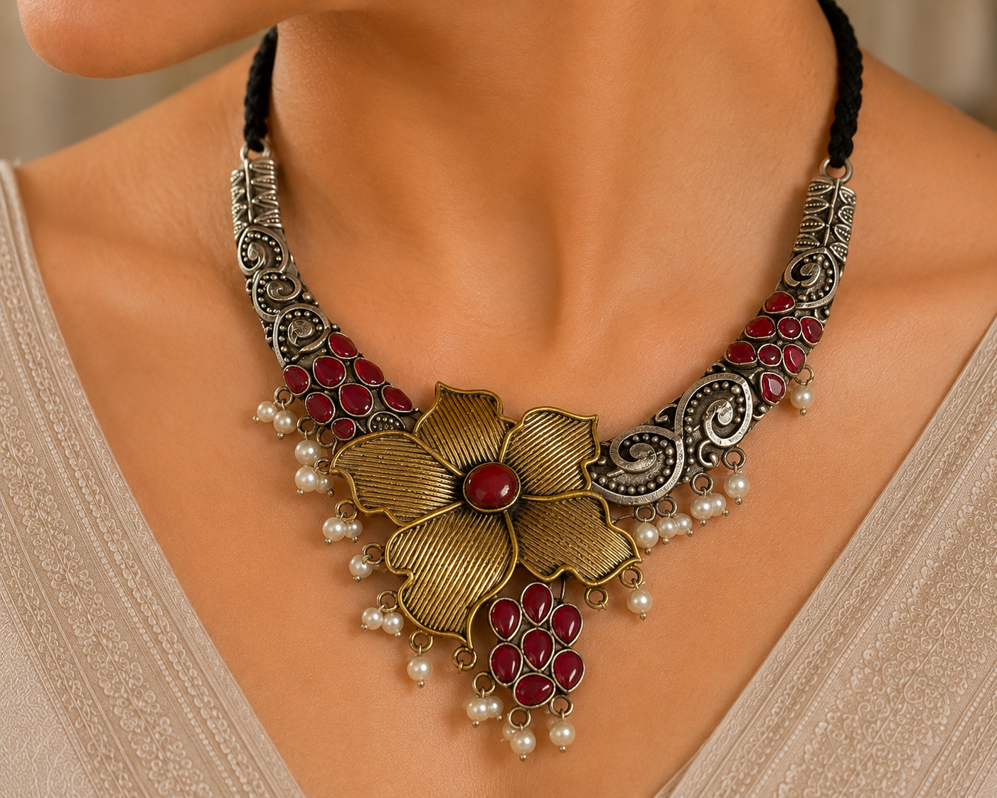 Dual Tone Floral Hasli Necklace Set with Jharokha Earrings