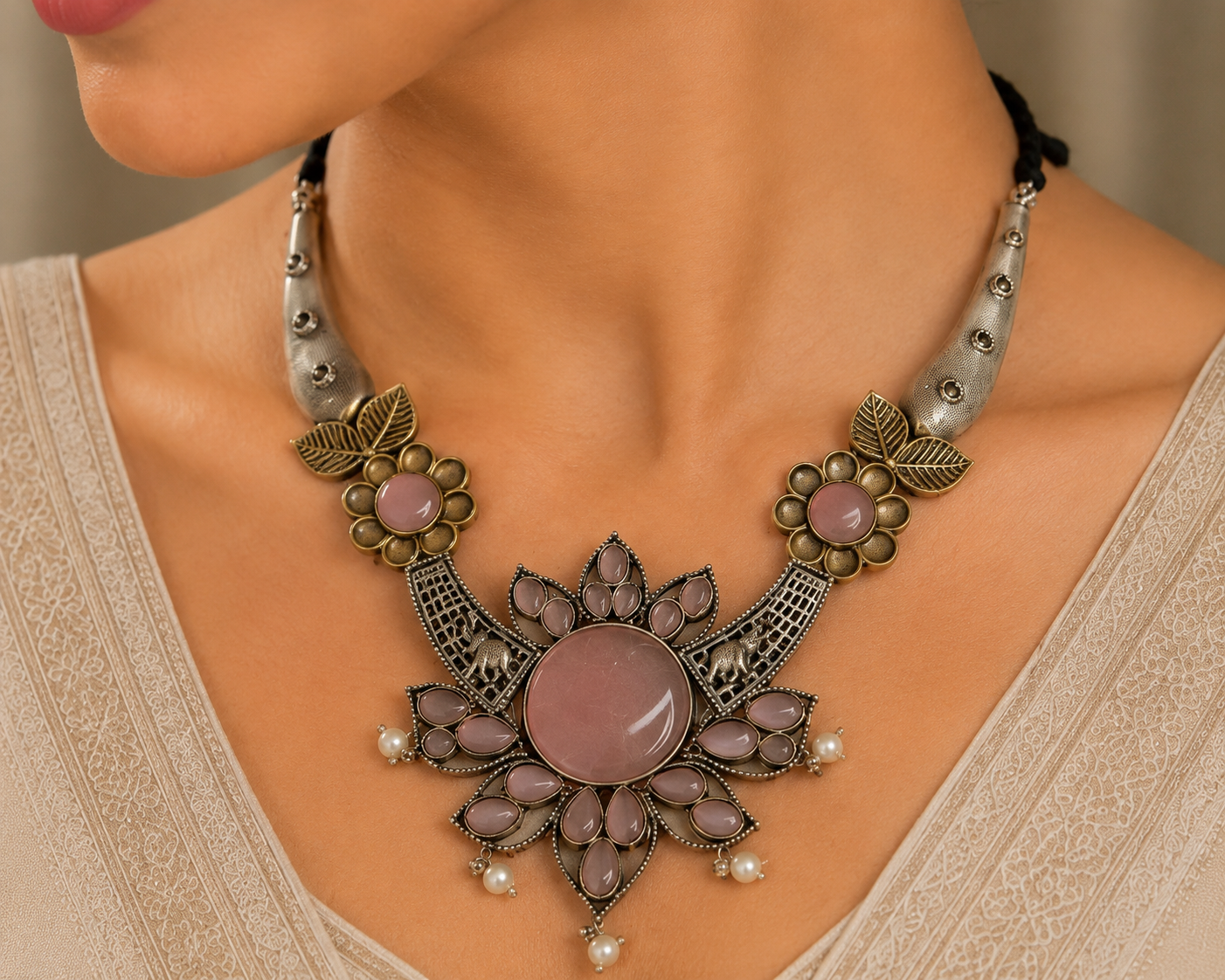Dual Tone Oxidised Hasli Necklace Set with Elephant Jhumkas