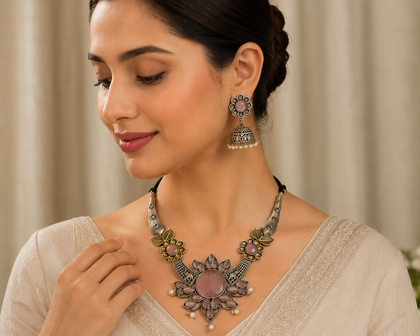 Dual Tone Oxidised Hasli Necklace Set with Elephant Jhumkas